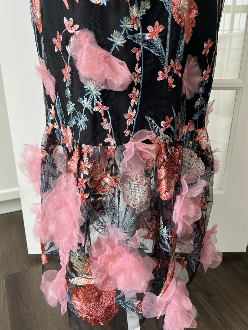 Marchesa Notte Black Floral Embroidered Midi Dress with Pink 3D Flowers - Picture 3 of 11